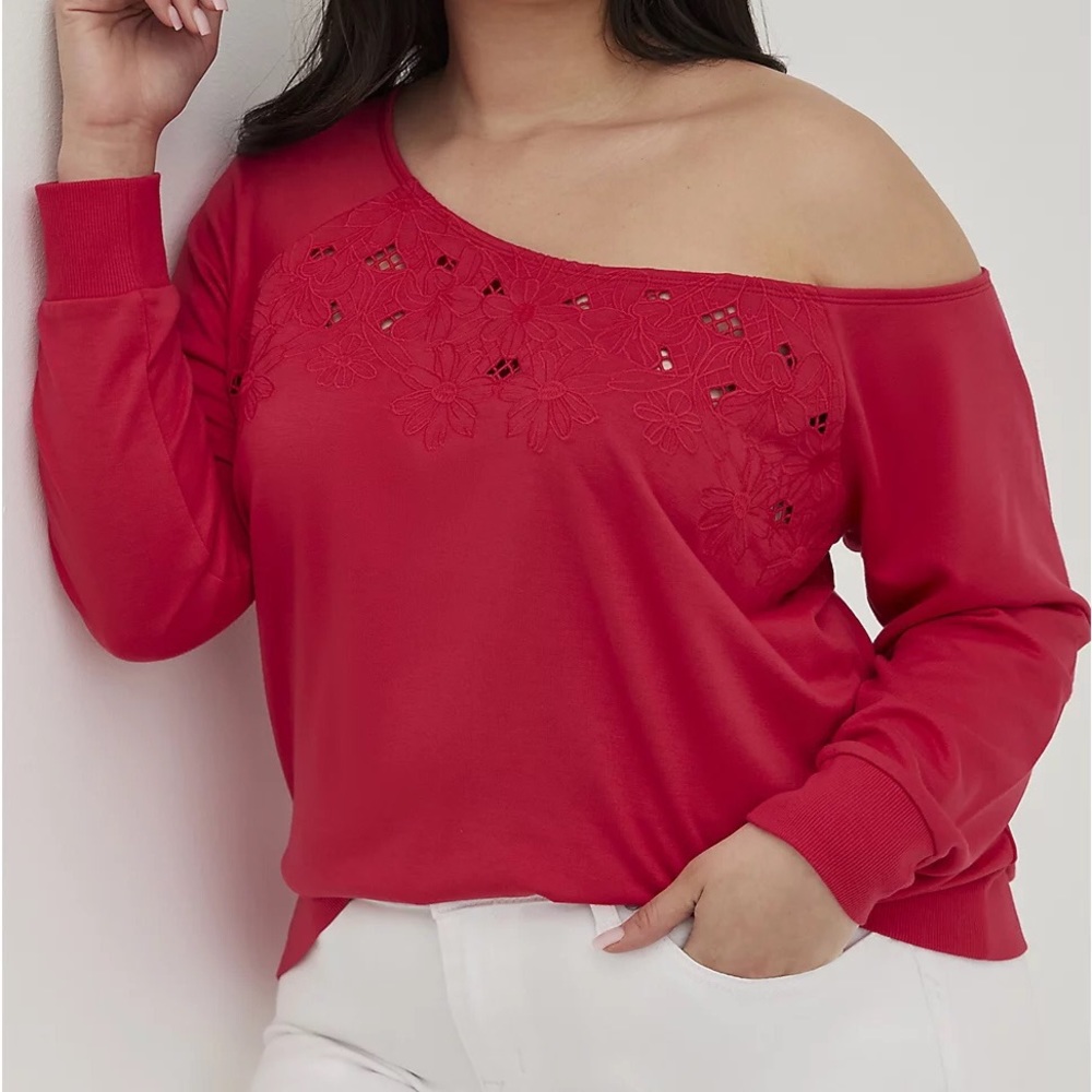 NEW Torrid French Terry Embroidered Sweatshirt 1X Magenta Off Shoulder NWT